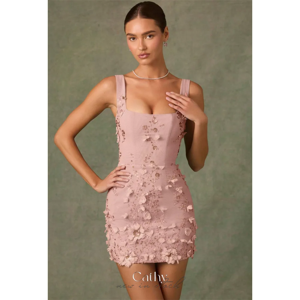 

Cathy Customized Pink Square Collar Appliques Prom Dress Beaded Sheath Sleeveless vestidos de noiva Lace-Up Mini Formal Evening