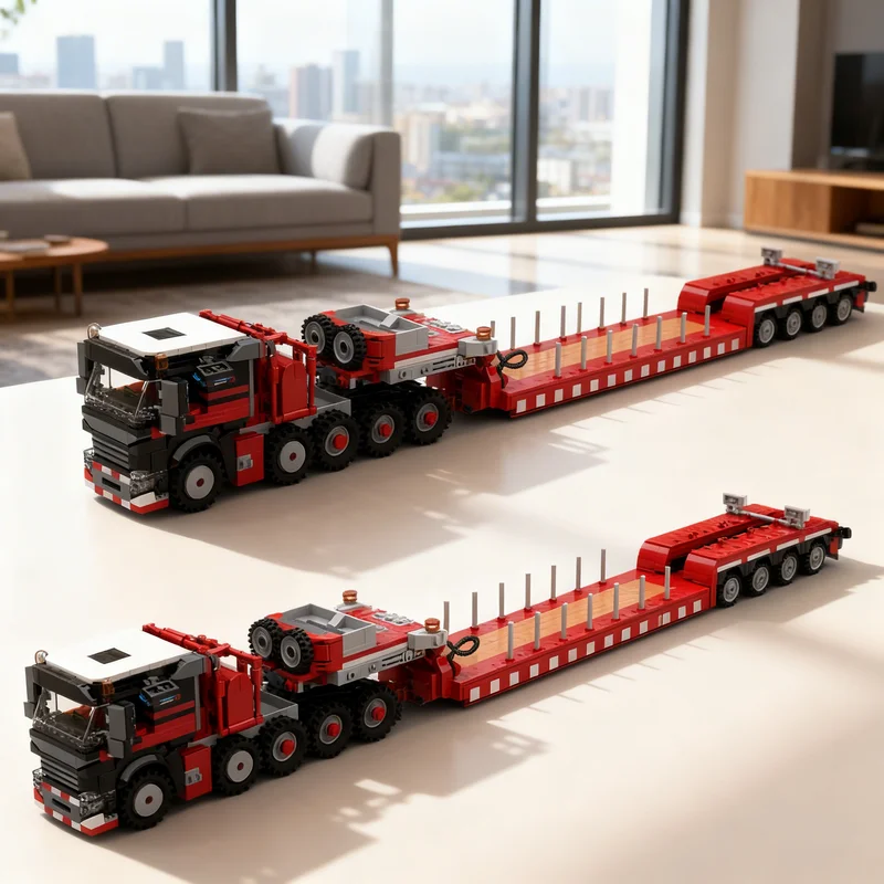1175pcs MOC City Cargo 10x6 Semi-Tractor with 0+4 Extendable Euro Low-Loader Model Christmas Gift Decorative Bookcase Ornament