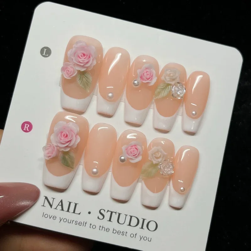 Faux ongles français à motifs floraux colorés, brillant, rose doux, paillettes, cercueil moyen, à pression, uniques, faits à la main, 10 pièces