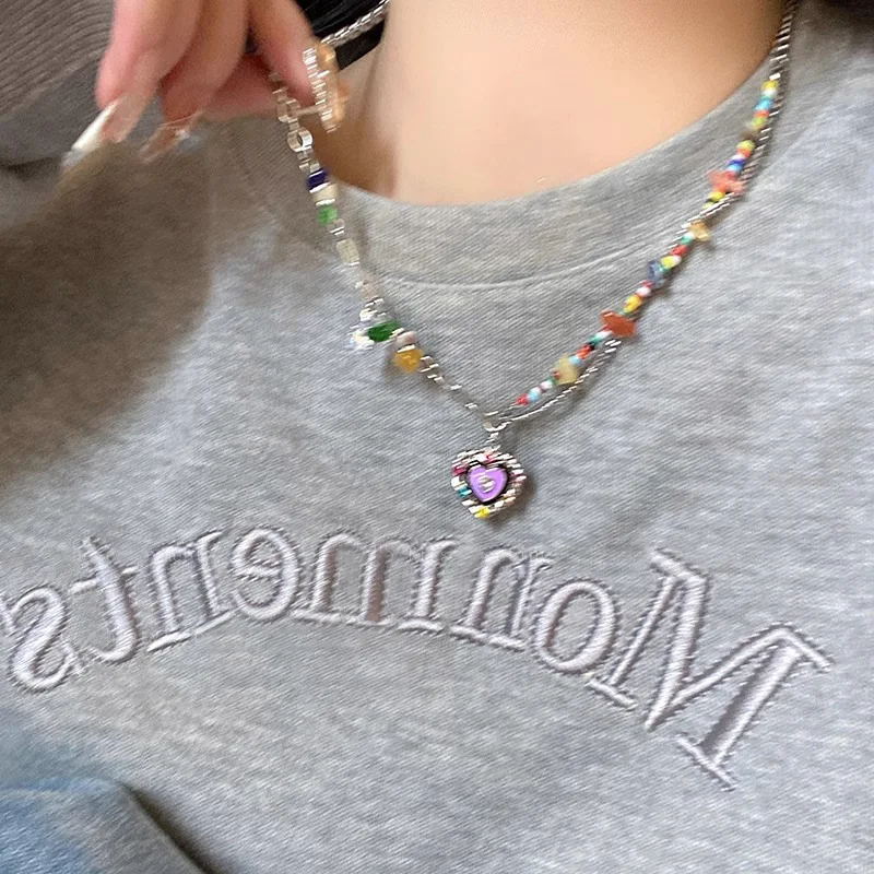 PANJBJ 925 Sterling Silver Colored Stones Satr Drip Glaze Necklace For Women Girl Ins Kpop Double Layer Jewelry Dropshipping image 5