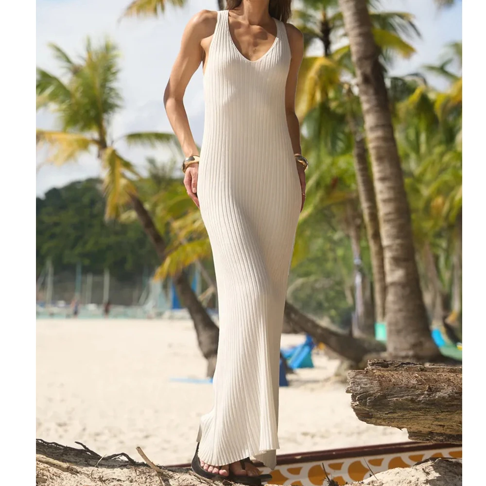 2025 nuove donne di arrivo senza maniche con scollo a V lavorato a maglia abito lungo Boho maxi abito abiti vestiti