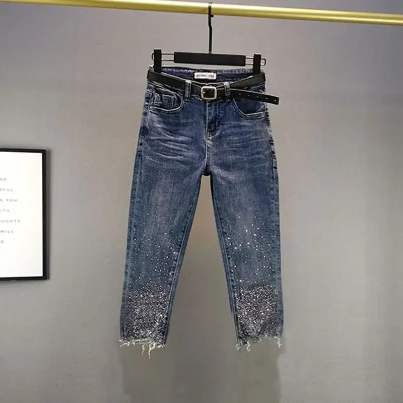 Damskie jeansy z dżetami, cienkie, wyszczuplające, z wysokim stanem, uniwersalne, krótkie, na lato 2024, model XT1192