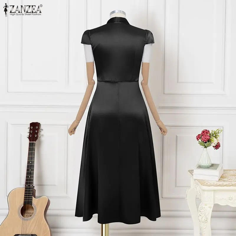 Elegant Satin Party Long Dress for Woman V-Neck Short Sleeve Fit and Flare Evening Dresses ZANZEA Sophisticated Maxi Robes Femme
