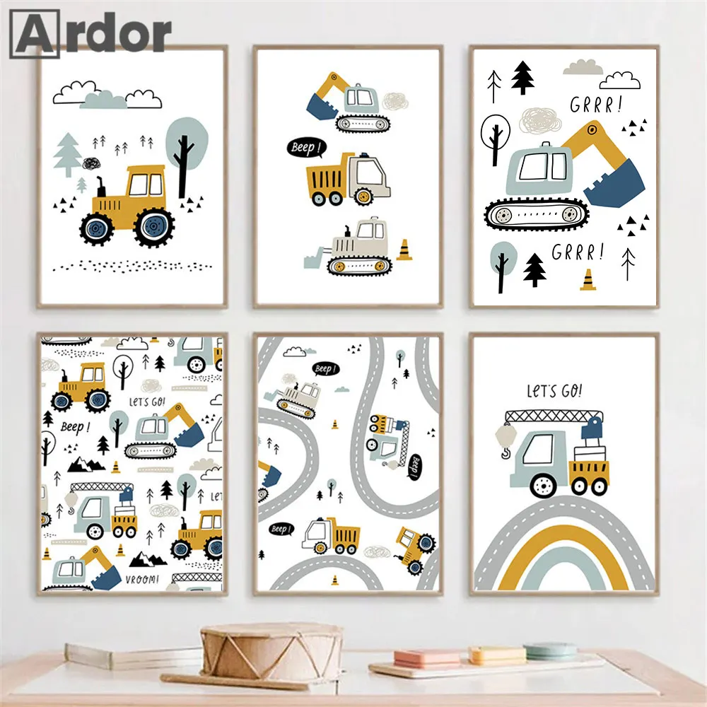 Cartoon Crane Excavator Tractor Truck Wall Art Canvas Painting Nursery Print Child Poster Nordic Wall Pictures Boys Room Decor