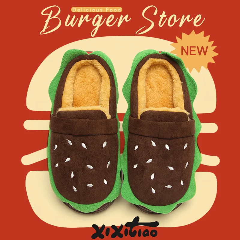 New novelty burger flippers fleece slides shoes for women winter warm fuzzy funny slippers adults hamburger shoes home slipper