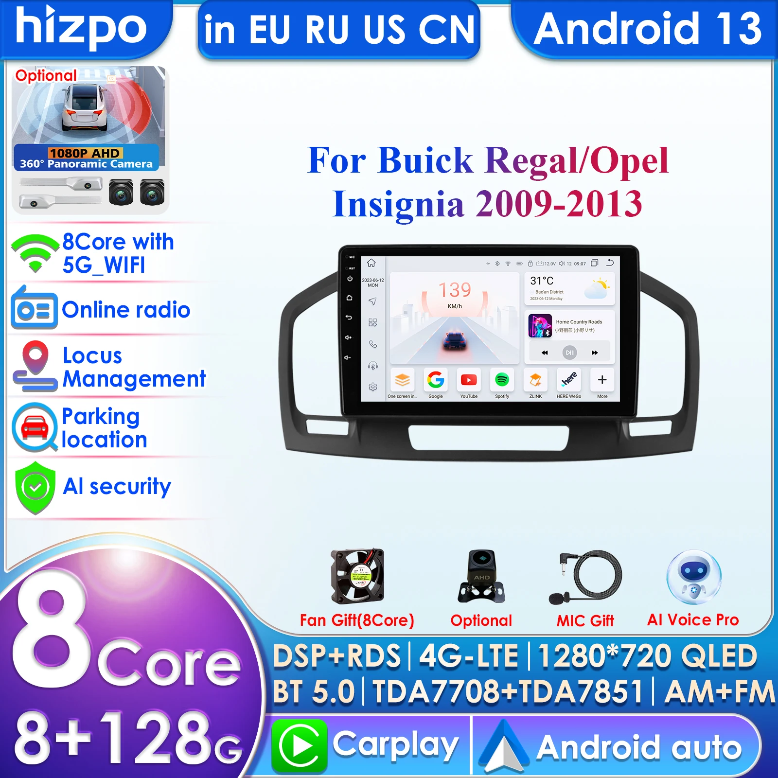 8G+128G Carplay 4G 2Din Radio Android 13 Car Multimedia Player for Buick Regal 1 Opel Insignia GPS Navi WIFI DSP 2din AutoRadio