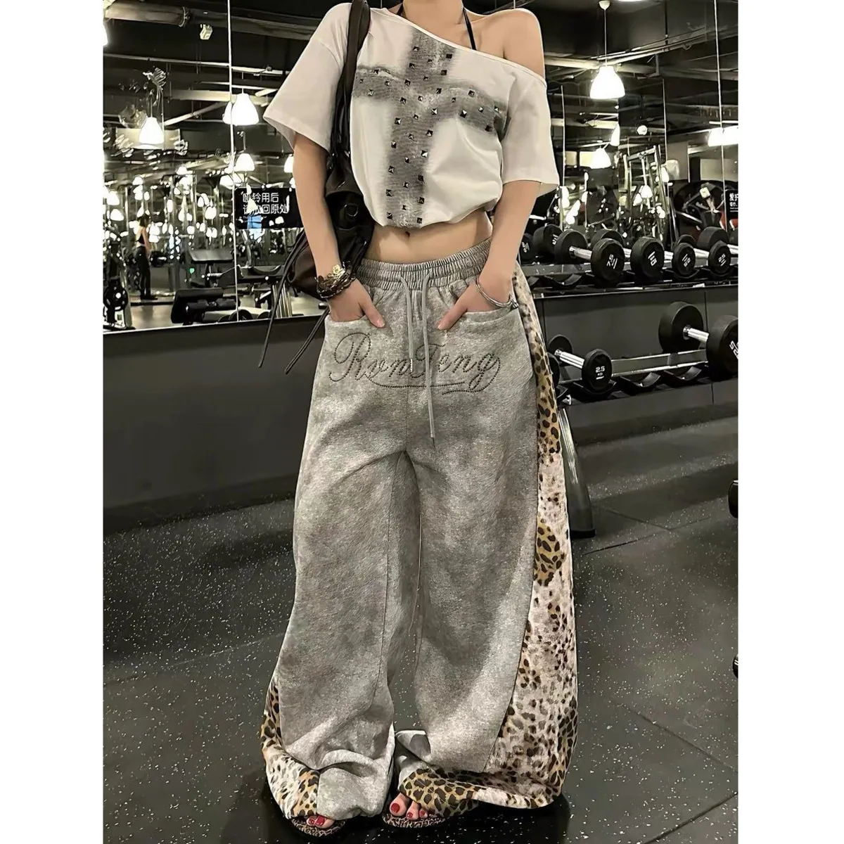 Leopard Print Patchwork Wide-leg Pants Summer Loose-fitting Casual Couple Style Y2k Fashion Korean Streetwear Aesthetic Retro