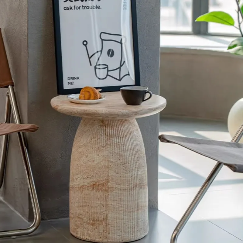 Travertine Cross Stool, Roman Column Side Table - Carved Stone Accent for Sofa Corner, Living Room, Home Decor