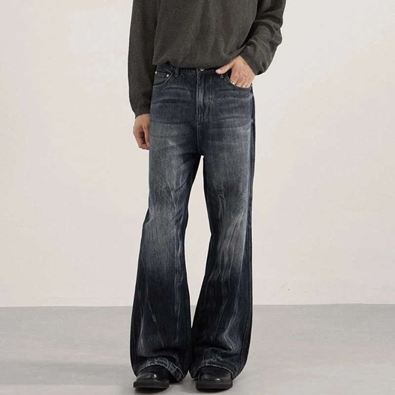 

Мужские джинсы в американском стиле с эффектом тай-дай, контрастными вставками, широкими штанинами и расклешенным низом, осенние повседневные брюки