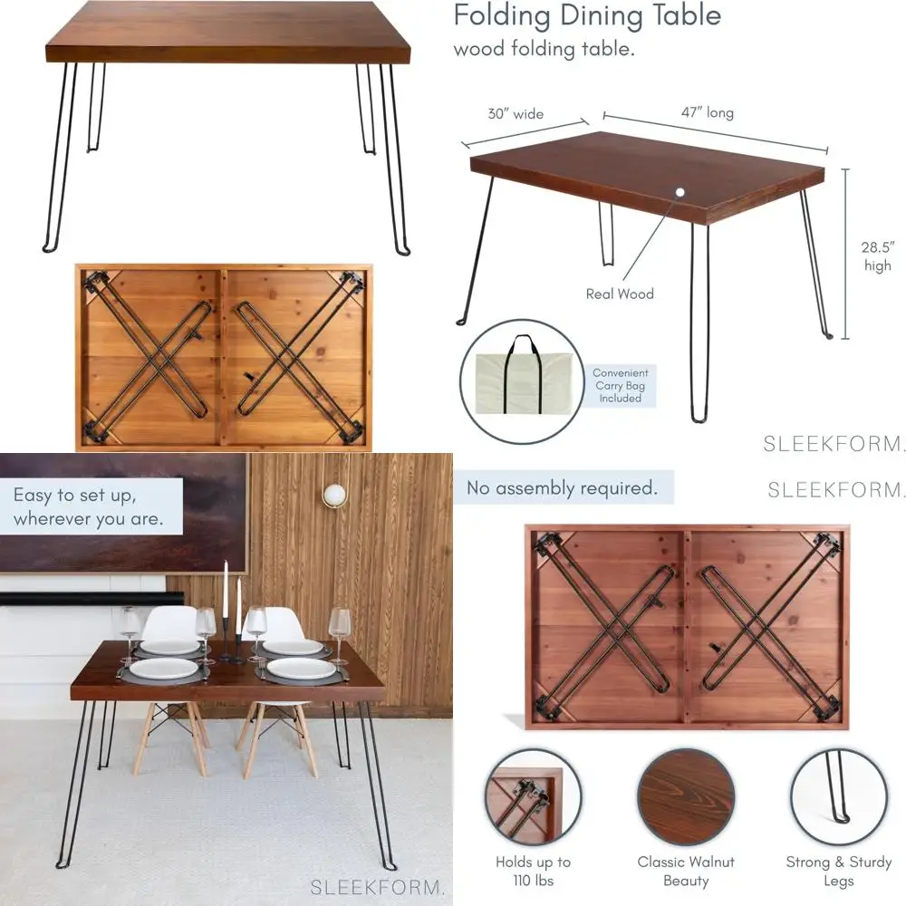 Mesa dobrável de madeira compacta para 4 - Design de perna em grampo - Mesa de jantar portátil de 4 pés