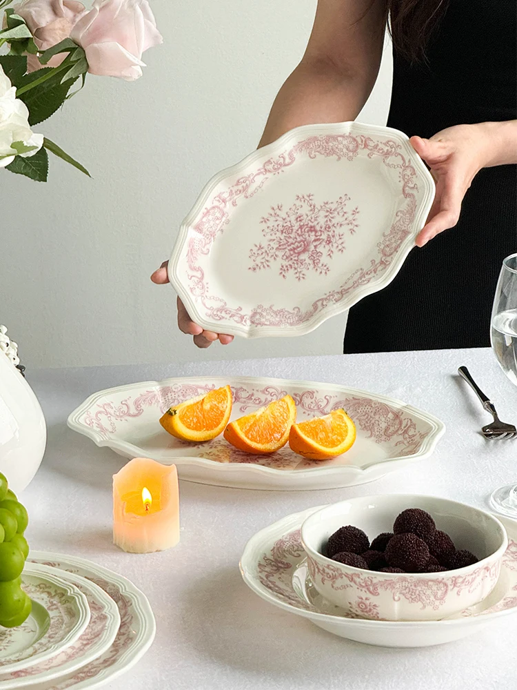 أطباق سيراميك زهور وردية ، أدوات طاولة حلوى للمطاعم ، أطباق خبز بسكويت منزلية عتيقة ، جودة عالية ، على الطراز الفرنسي #4
