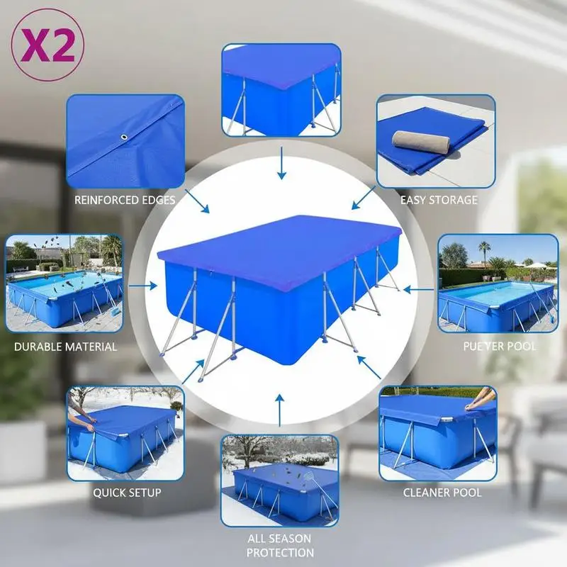 Image 4: Ensemble de couvertures pour piscines rectangulaires hors sol – Polyéthylène robuste avec ourlet renforcé et surface hydrofuge