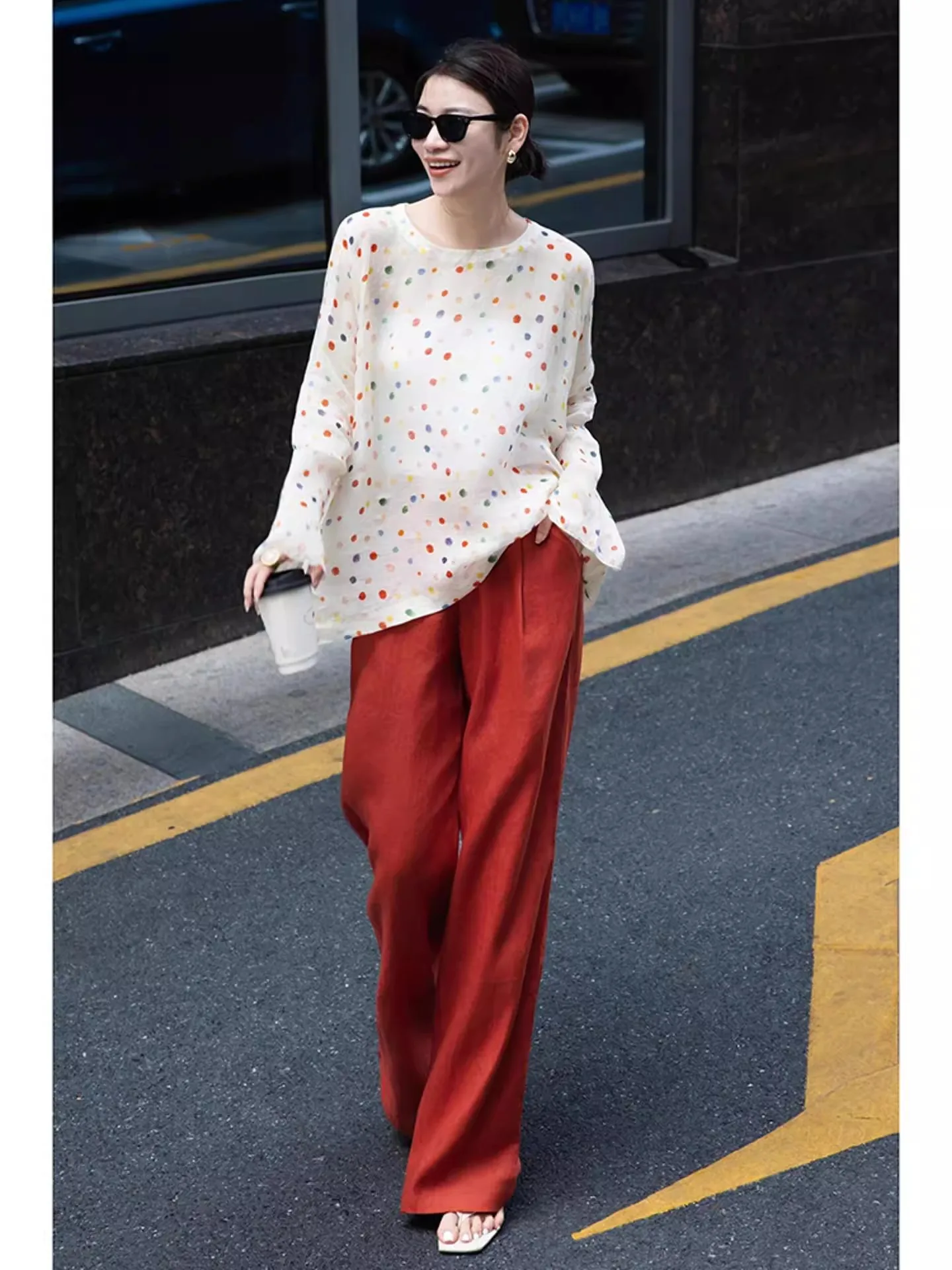 2025 Otoño Faion Set Ele Lady Long Sve Polka Dot irt Pantalones de pierna ancha Conjunto de dos piezas Ropa de trabajo French Sle Mujer C...