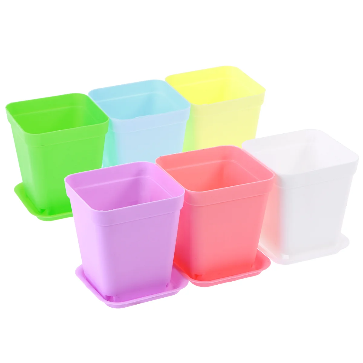 12pcs Plastic Plant Pots 7*7cm Square Flower Pot with Saucers for Planting (White & Pink & Blue & & Green)