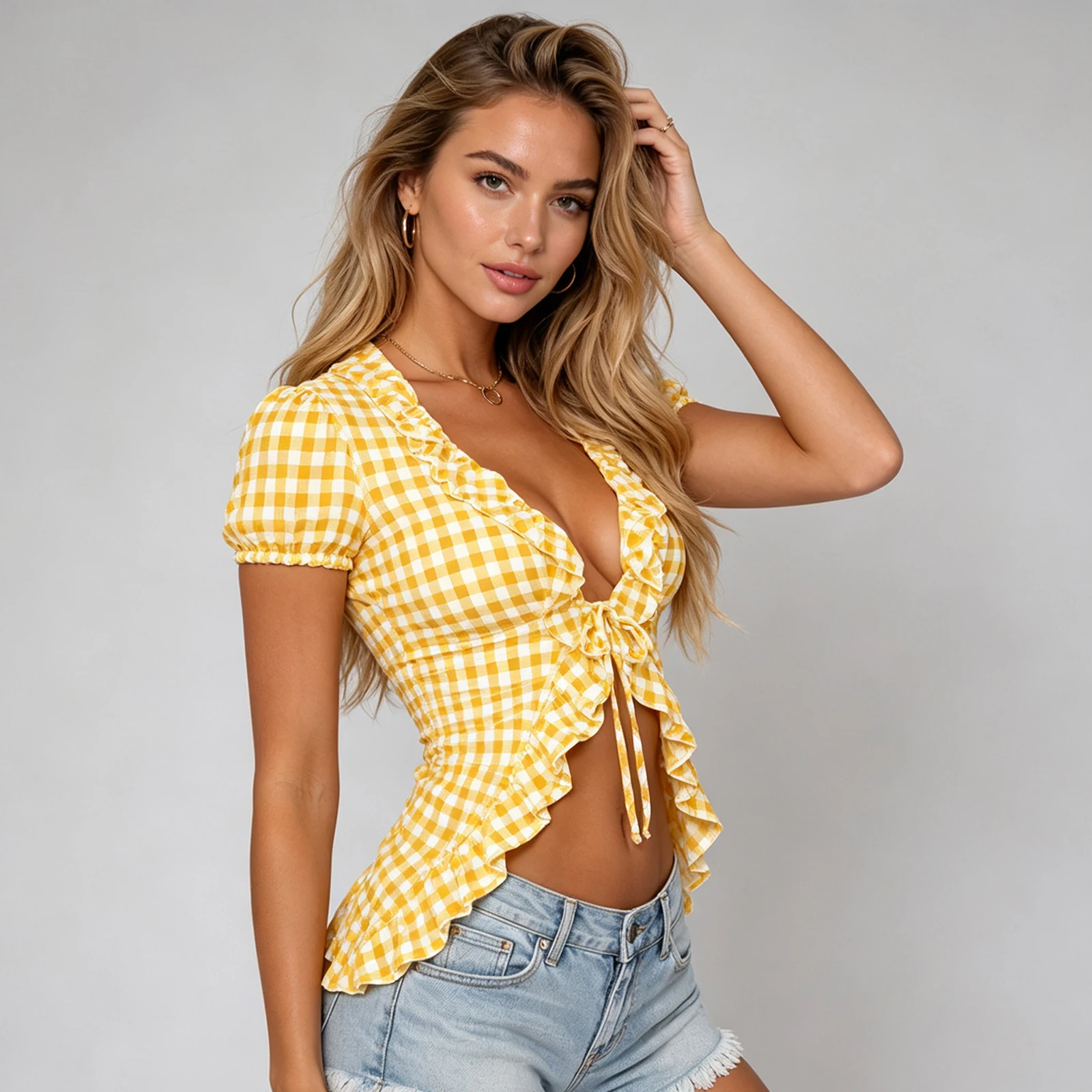 Women y2k Tie Front Tops Plaid Ruffled Lapel V Neck Short Sleeve Summer Female Blouse Tops