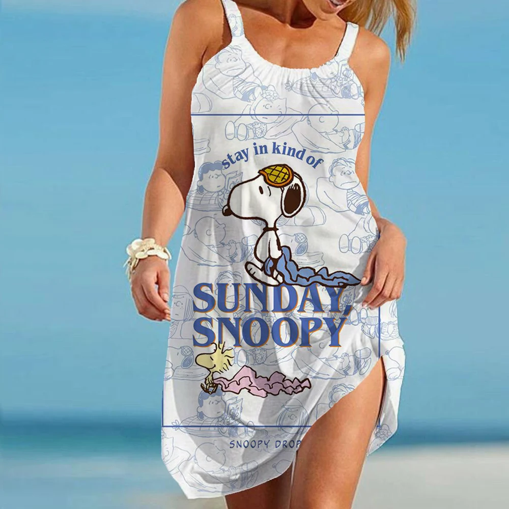 

Women's Beach Dresses Snoopy Kawaii Elegant Chic Dress Youthful Woman Clothes 2024 Y2k Summer Leisure S-3XL Anime Boho Sanrio