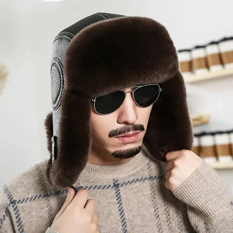 Real Rex Rabbit Fur Lei Feng Hat For Men Winter Warm Fur Hat Outdoor Thickened Ear Protection Cap Russian Natural Fur Flight Cap