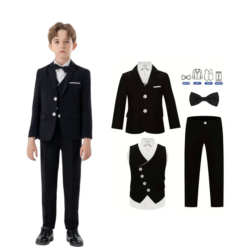 

Детский черный костюм Slim Fit 007 для мальчиков: весенне-осенний наряд для свадьбы, дня рождения, выступлений на пианино, показов мод и праздничных мероприятий