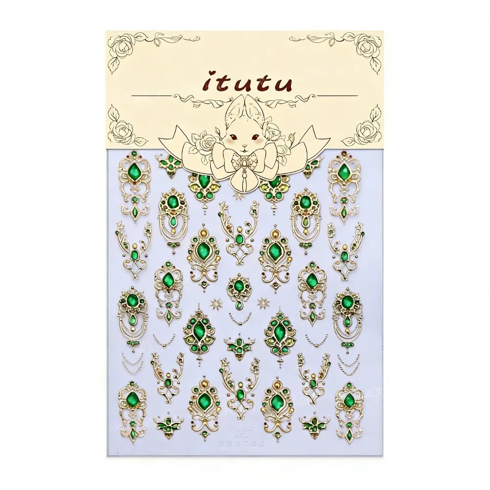 Luxurious Design 5D Nail Stickers Shiny Finish Emerald Ruby Color Imitation Gemstone Nail Gold Scepter Red Green Gemstone