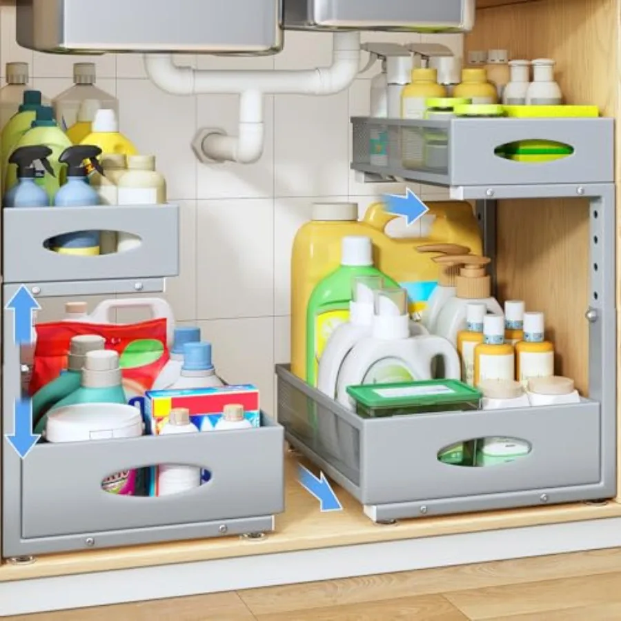 

Under Sink Organizer 2 Pack 2 Tier Pull Out Under Cabinet Organizer Shelf with Pad for Framed Cabinets Metal Slide Out Under Si