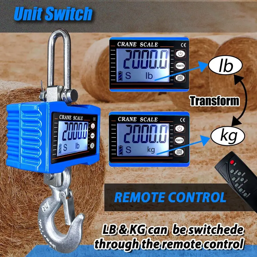 Hanging Scales Digital Weight, 2000LBS Crane Scale with Remote Control, High Precision Heavy Duty Industrial Scale with CE Certi