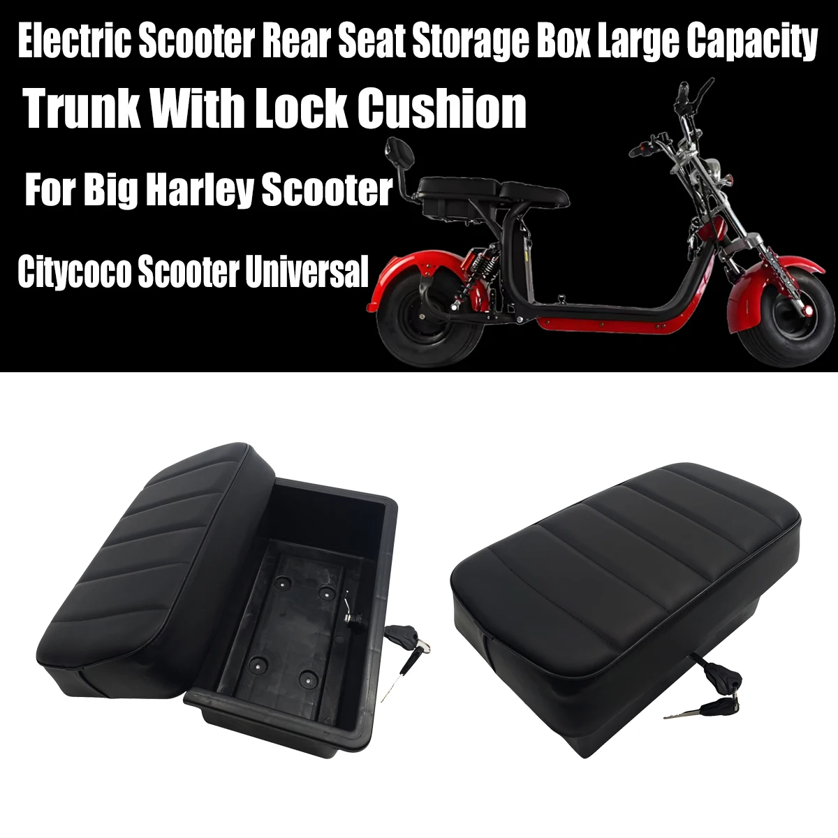 Electric Scooter Rear Seat Storage Box Large Capacity Trunk With Lock Cushion For Big Harley Scooter Citycoco Scooter Universal