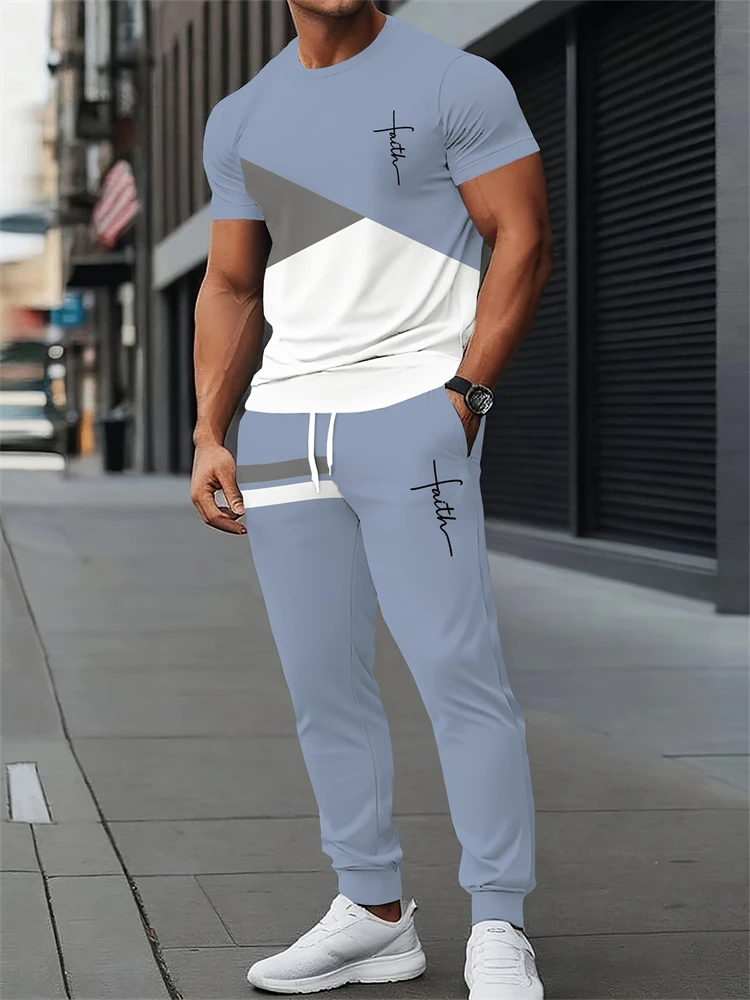 Men's Spring/Fall Two-Piece Set Crew Neck Short Sleeve Top With Relaxed Fit Casual Pants Outdoor Streetwear Minimalist Style Set
