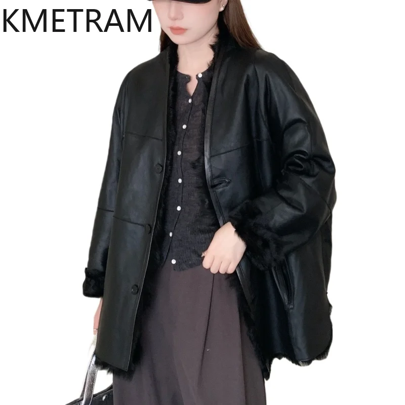 KMETRAM جلد الغنم الحقيقي مع سترات مرفقة من الصوف سترة سوداء من الفرو قابلة للعكس ملابس نسائية شتاء 2025 جديد في معاطف