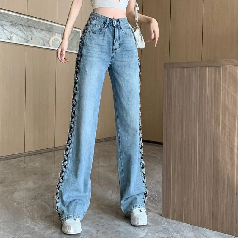 Neue Damen-Jeans, modische gewaschene Jeans für Damen, 2022, Sommer-Perlenhose mit hoher Taille, lockere Passform, gerade Jeans, Vintage Wh16