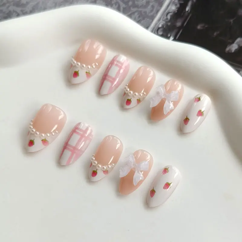 10Pcs Women French Style 3D Strawberry Gold Red and Plaid Bowknot Press on Nails Short Almond Fresh Nails Patch False Nails Art view 6