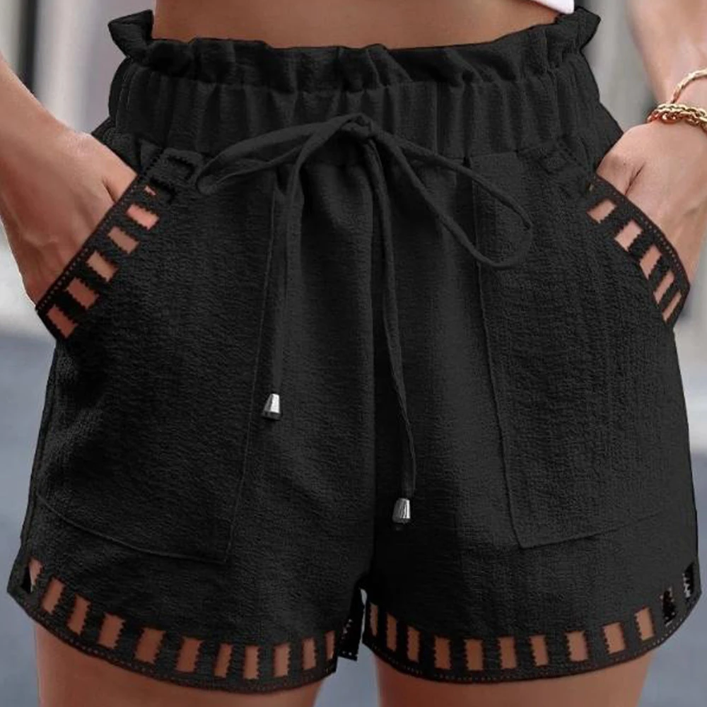 Women's Shorts Para Mujer Cotton Linen Solid Color Thin Hollow Out Design Trim Pocket Tight Waist Shorts Beachwear White Clothes