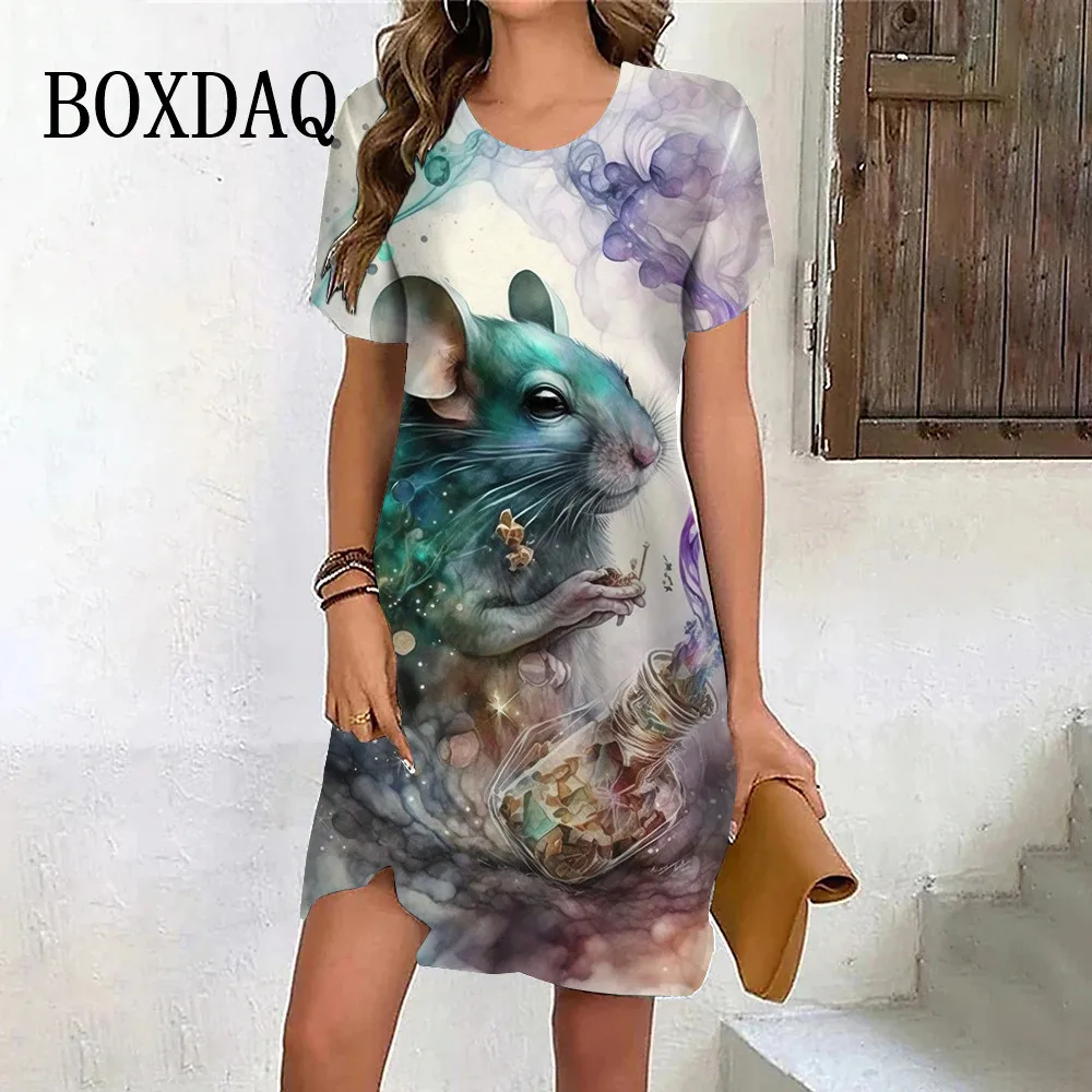 

Rats Elegant Party Women Dress Loose O-Neck Short Sleeve Casual Tie Dye Print Dresses Summer Rat Pattern Mini Oversized Clothes