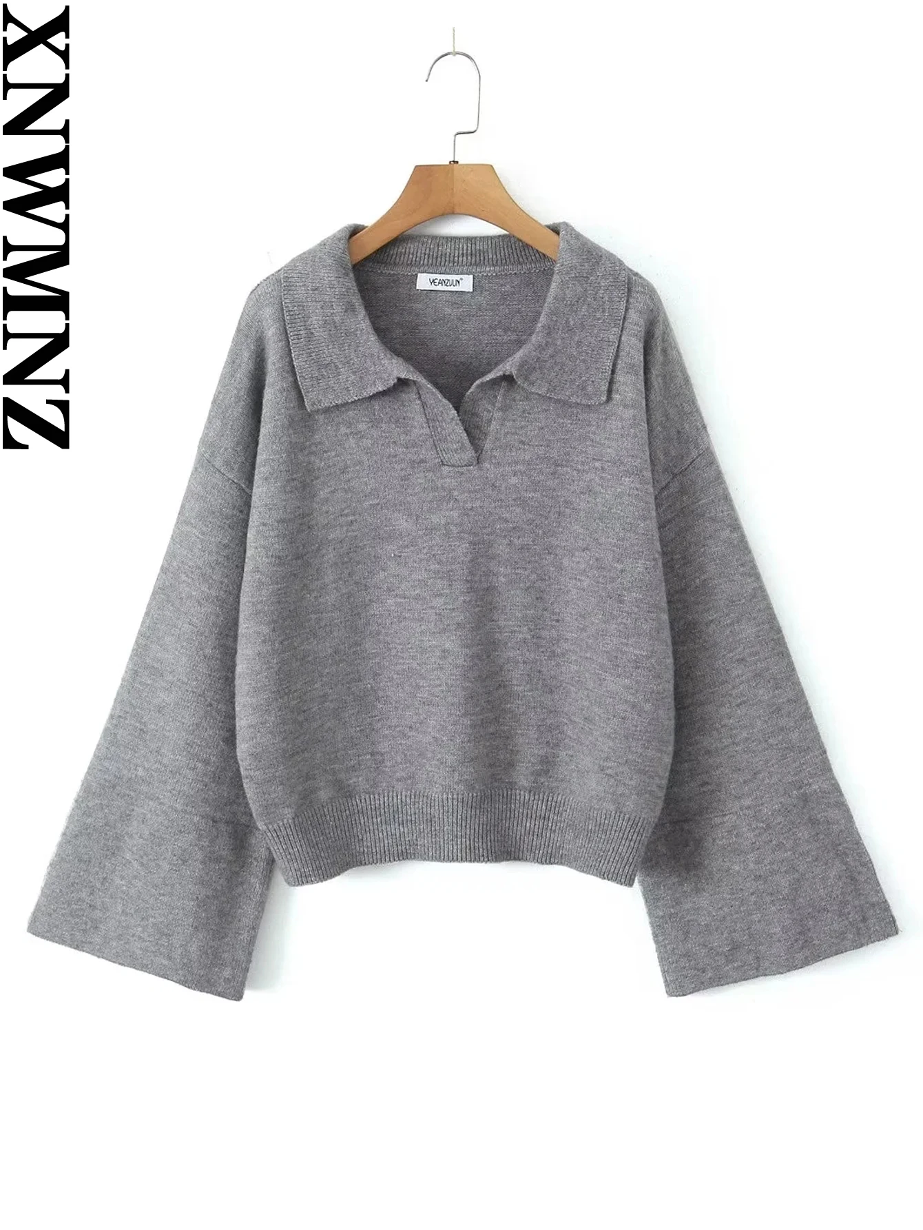 XNWMNZ Women\'s Fashion 2023 Autumn/Winter Polo Neck Knitted Sweater Women Vintage Long Wide Sleeve Versatile Female Pullover