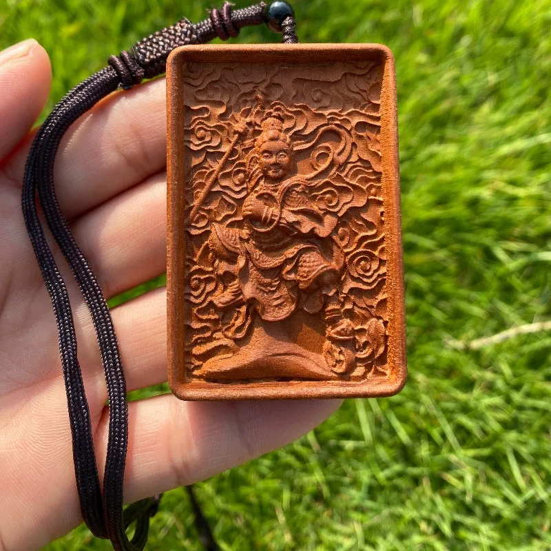 Hand-Carved Jujube Wood Nezha Pendant Necklace - Chinese Mythology Charm Amulet, Wooden Carving Figurine for Good Luck &