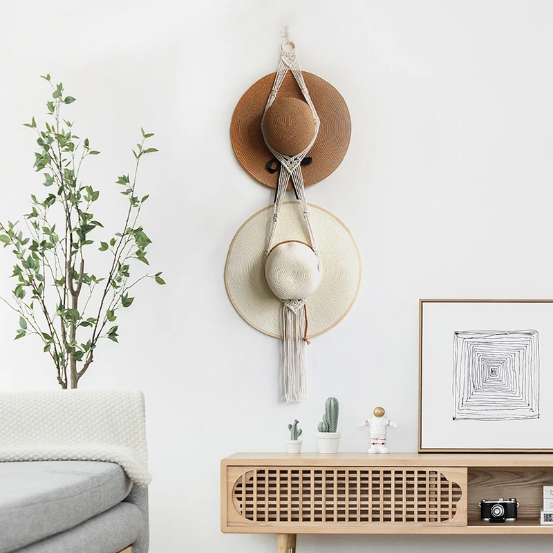 Bohemia Boho Cotton Rope Hanging Hat Display Rack Storage Cap Holder Organizer Scarf Hanger Macrame Tapestry Home Wall Decor