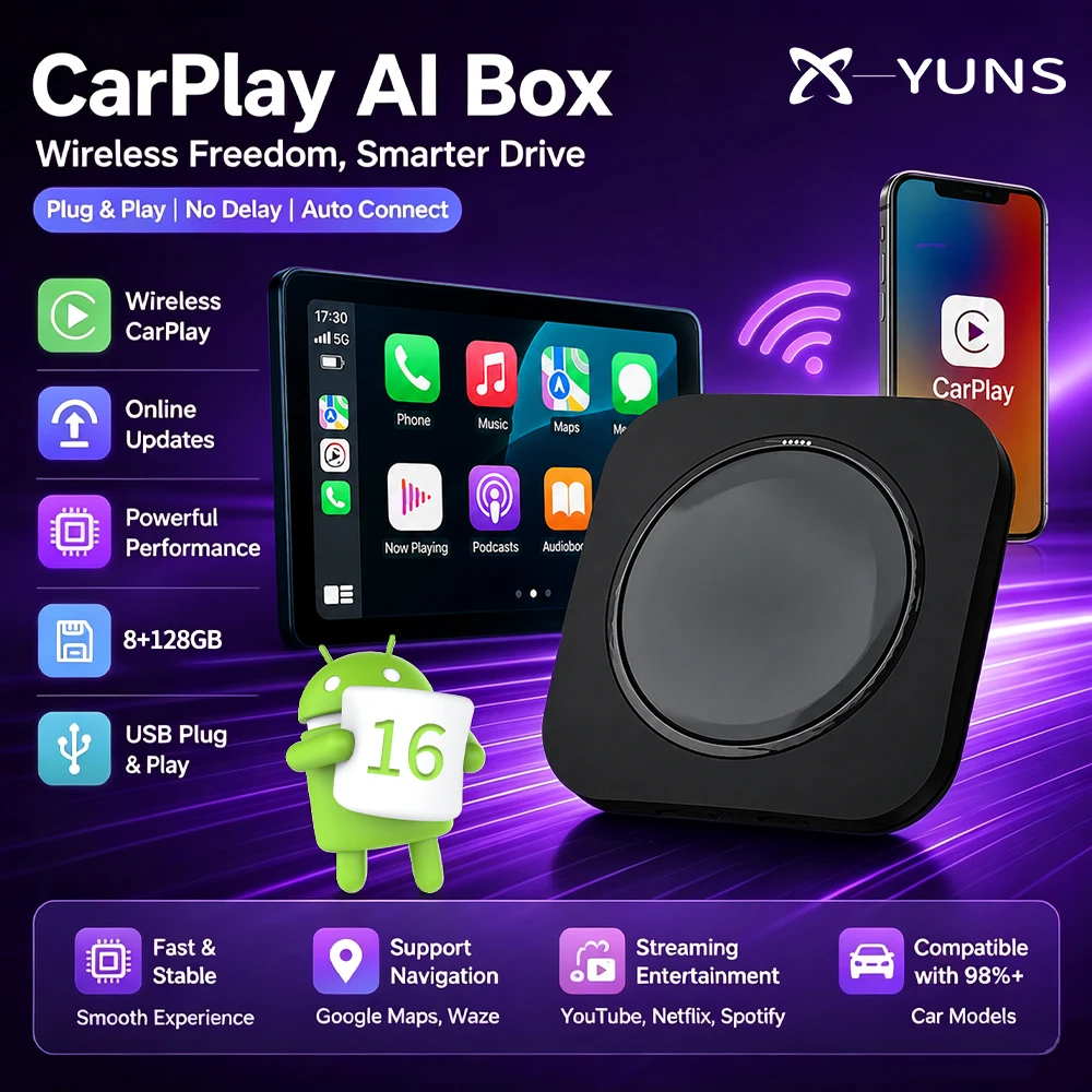X-YUNS 2026 Wireless CarPlay Android Auto Smart AI Box QCM6115 Android 16.0 128GB Smart Link GPS For Toyota VW Geely Kia