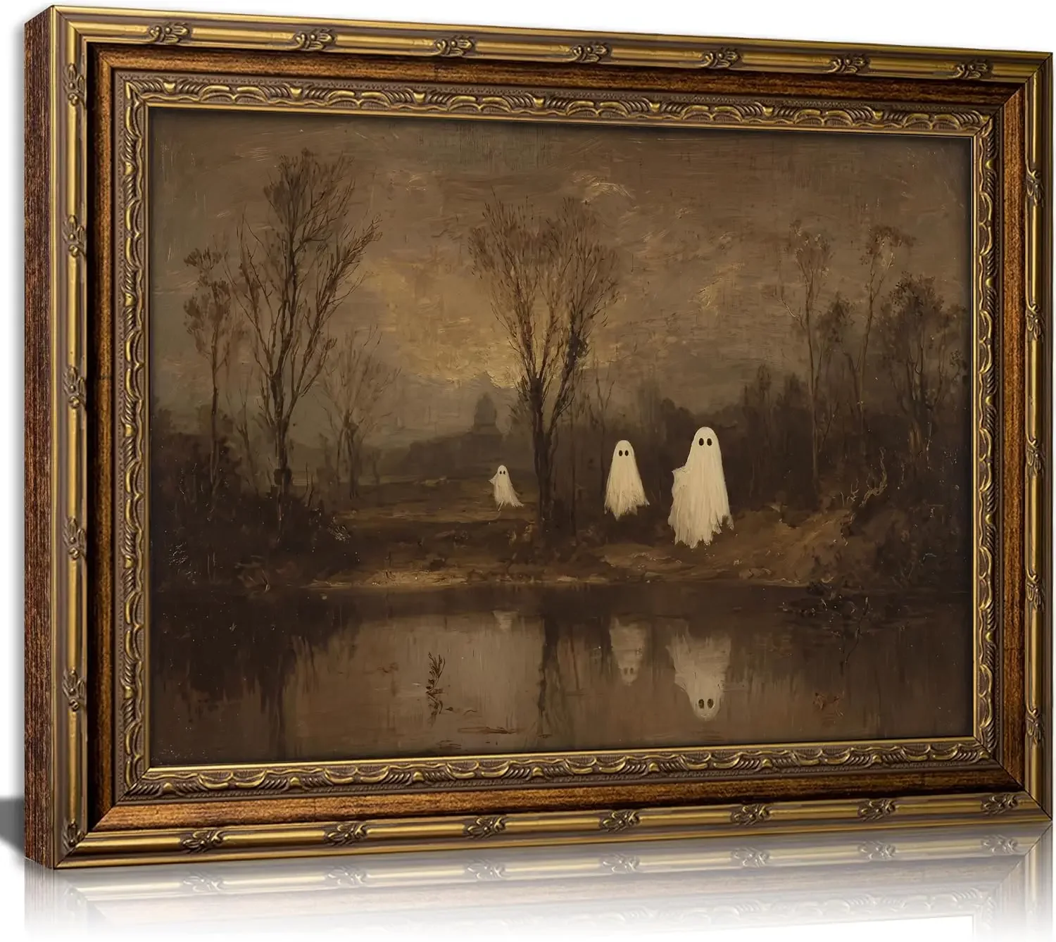 1pc frameless Canvas Painting Gold Framed Vintage Ghost Landscape Wall Art, Gothic Spooky Forest Canvas Print, Dark Academy Hall