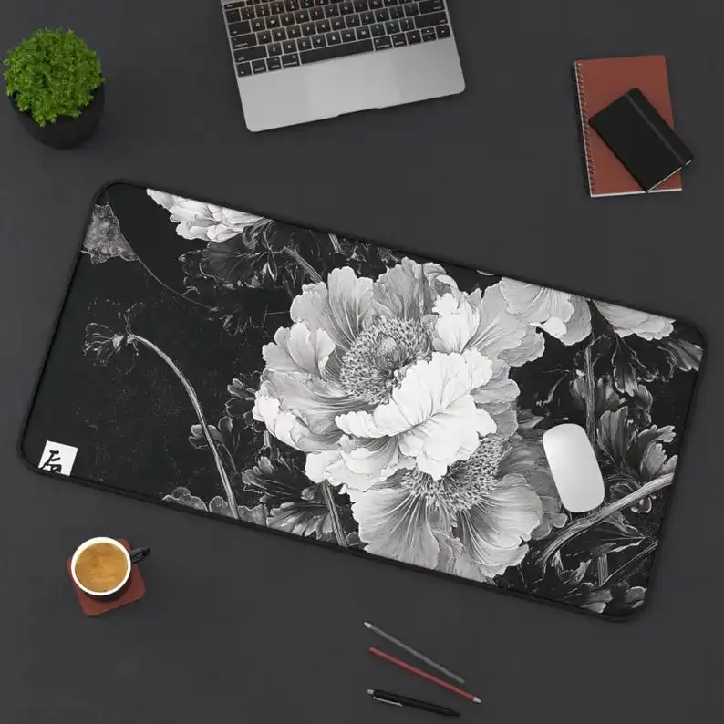 

Black Patterned Desk Mat, Cute Flower Desktop Decoration, Non-slip Waterproof Gaming Mouse Pad, The Perfect Gift for Friends.
