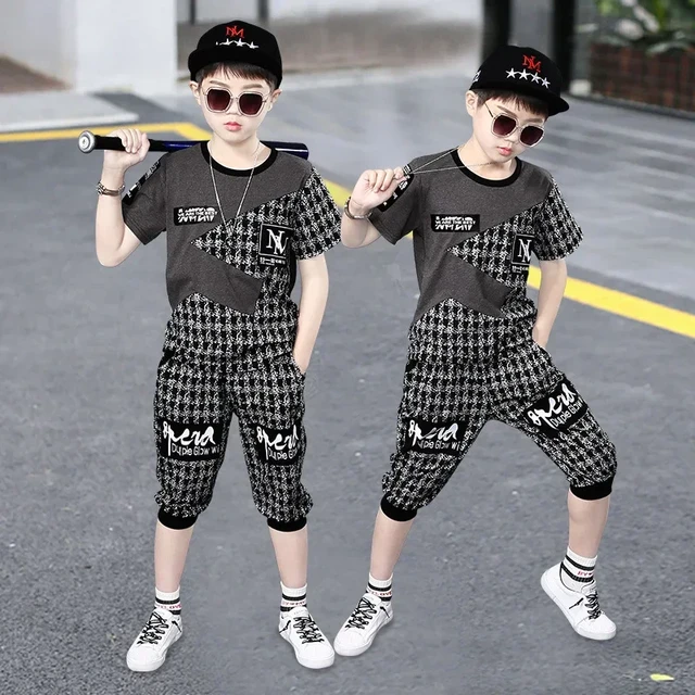 2024 Summer Kids Clothes Sets For Boys 4 6 8 10 12 Year Fashion Splicing Short Sleeve Tops Pants School Children Sport Suit AliExpress