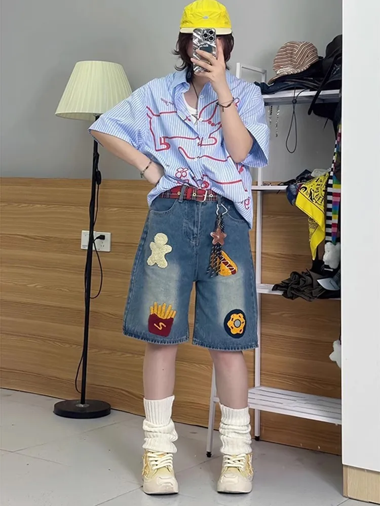 

plus Size Retro Burger French Fries Towel Embroidered Denim Shorts Women Summer New American Trend High Waist Wide Leg Pants