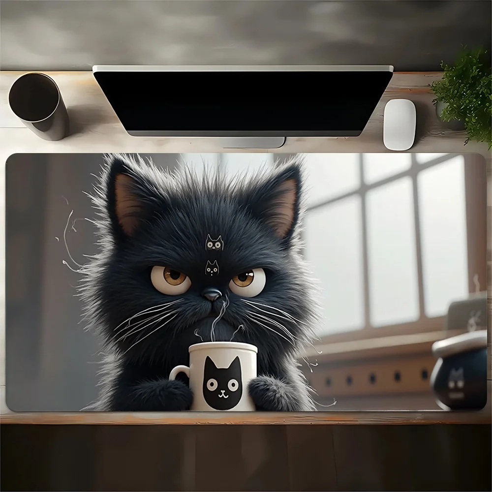Grumpy Black Cat Coffee Desk Mat Cute Kawaii Cartoon Gaming Mouse Pad Large Anti-Slip Rubber Office Mat