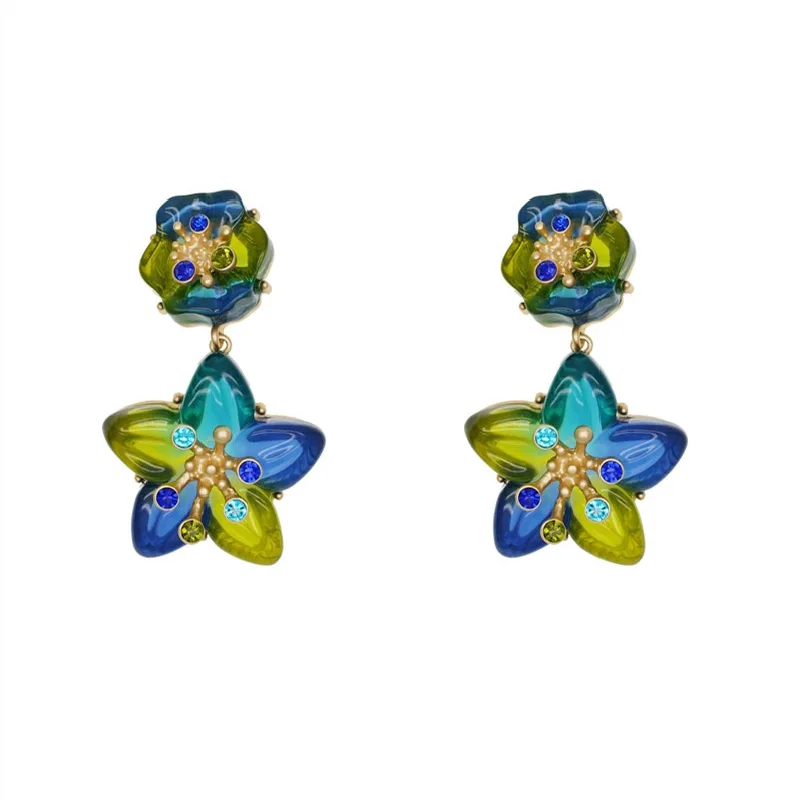 women fashion style earrings silver needle retro gradient crystal glass starfish exaggerated flower earrings