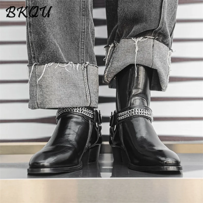 BKQU European Buckle Chelsea Boots for Men, 2025 Autumn Double-layer Leather Pointed Toe High-top Business Boots, Trendy Zipper - Image 6