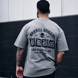 BARBELL BRIGADE New Men's T-shirts Gym Running Training Cotton Round Neck Oversized T-Shirt Fashion Men Fitness Tee Clothes Tops