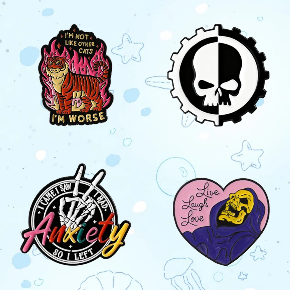 Edgy Humor Enamel Pin Set I'm Not Like Other Cats Brooch Anxiety Skull Badge Live Laugh Love Reaper Heart Pin For Clothing Gift