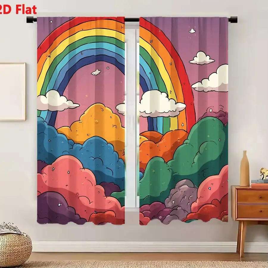 2Pcs Curtains 2D Flat Cartoon-Style Whimsical Landscape With Large Rainbow And Multi-Colored Fluffy Clouds Under Light Purple Sk