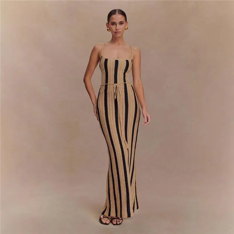 Sexy Bal Striped Long Dr Women's Faion Design Belted Crossbody Skirt High Waist Bodycon Gown for Ci Walk