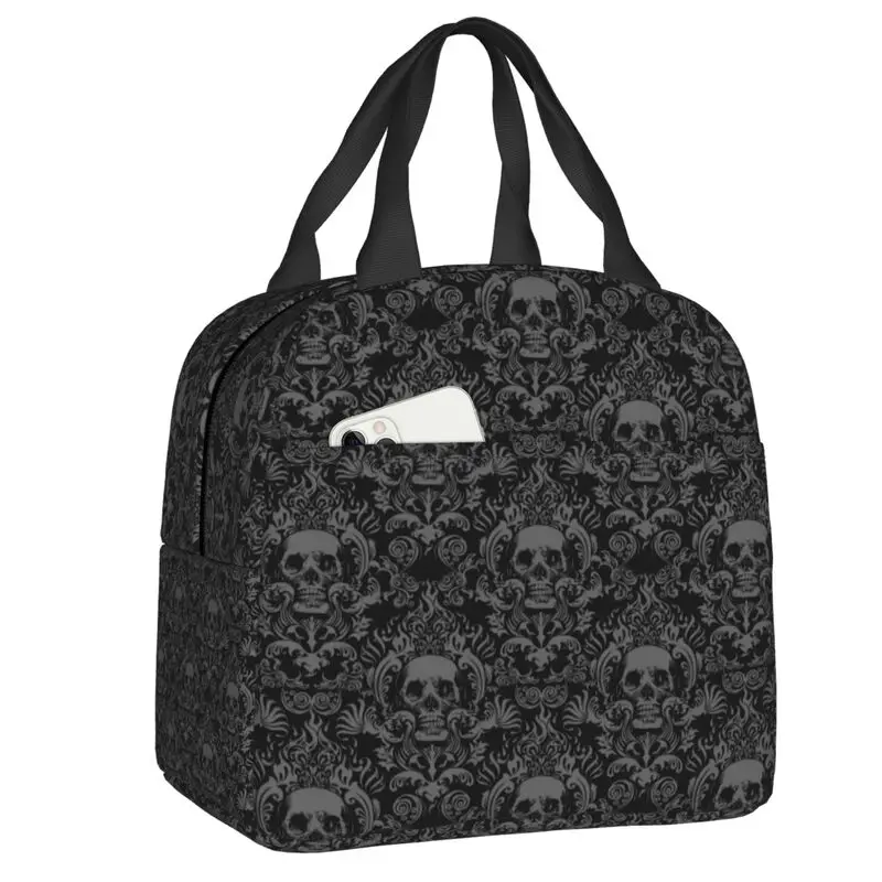 Custom Vintage Halloween Gothic Black Skull Damask Lunch Bag Portable Thermal Cooler Insulated Bento Box For Kids Food Tote Bags