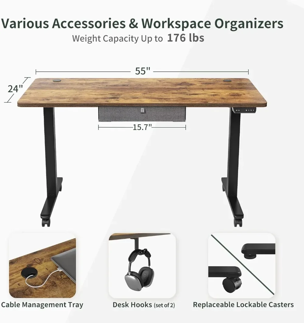 Mesa ereta ergonômica com gaveta, mesa do computador, altura ajustável, marrom rústico, 55x24 polegadas