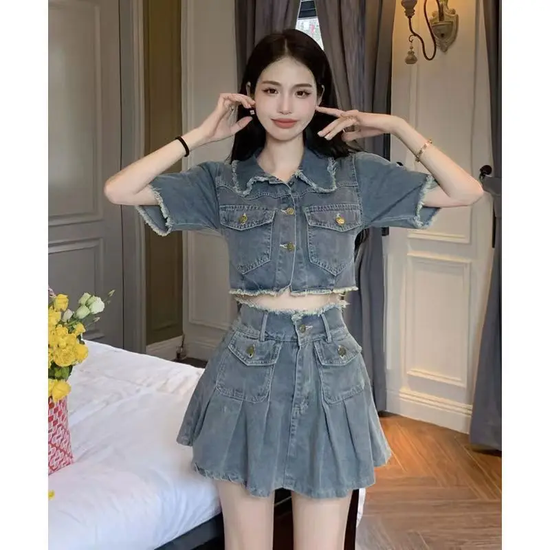 Retro Washed Fur Edge Short Shirt Denim Set for Women Summer High Waisted Skirt Short Skirt Niche Two Piece Set